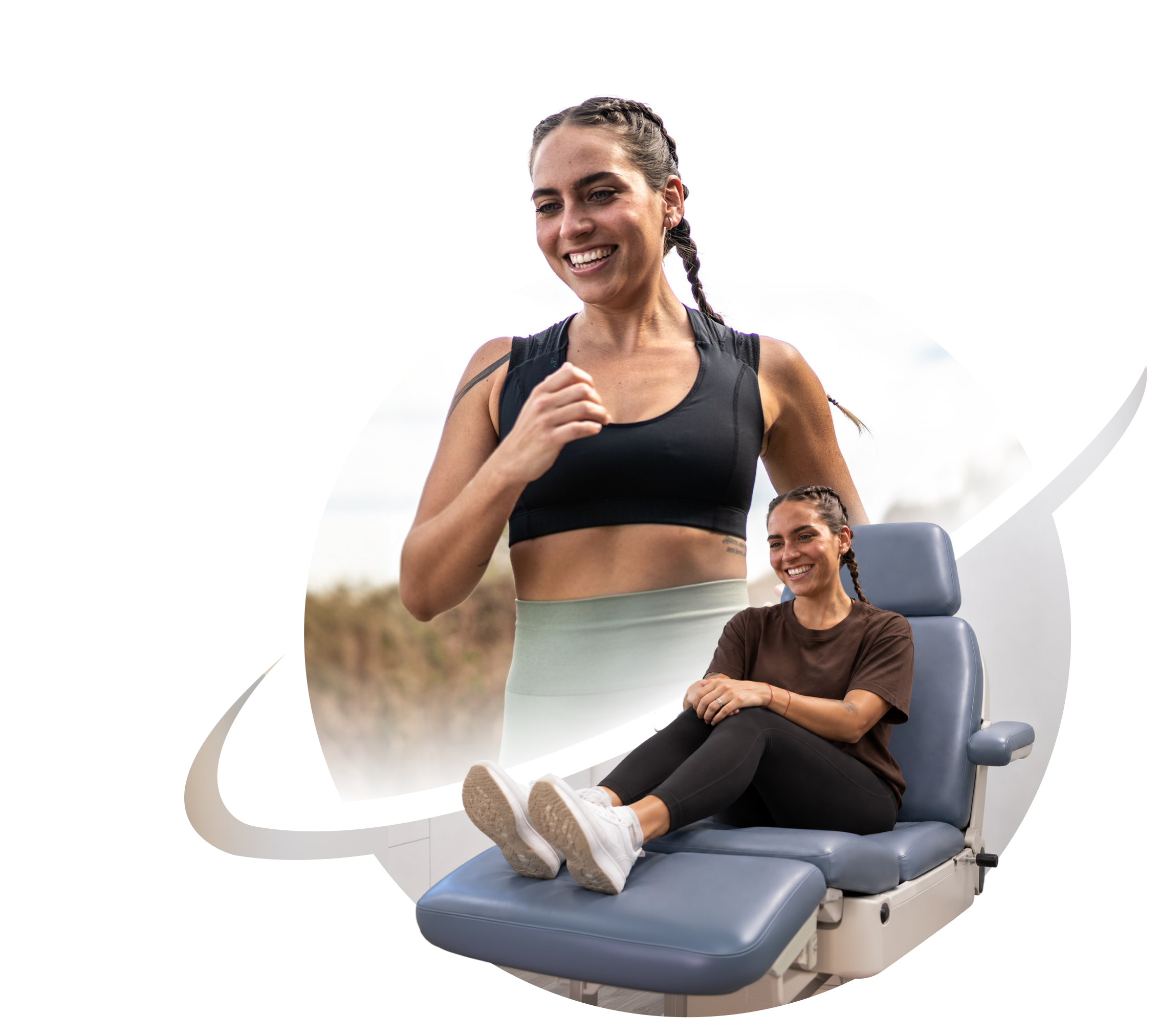 Smiling runner and a patient seated on a podiatry chair